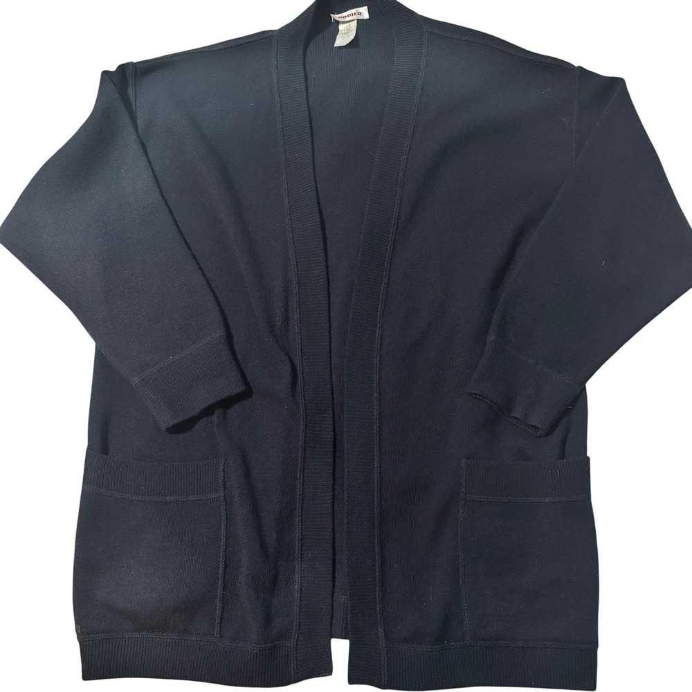 Vintage Rodier Navy Wool Blend Long Cardigan Open Front Sweater 3/4 Sleeve